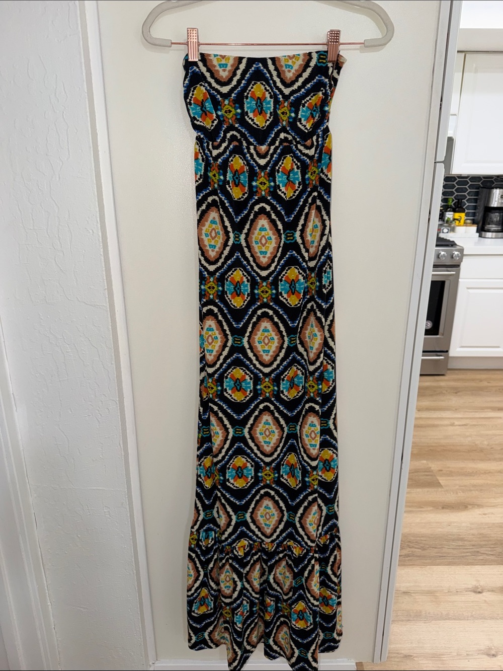 Veronica M Multicolor Mosaic Print Strapless Maxi Dress | XS